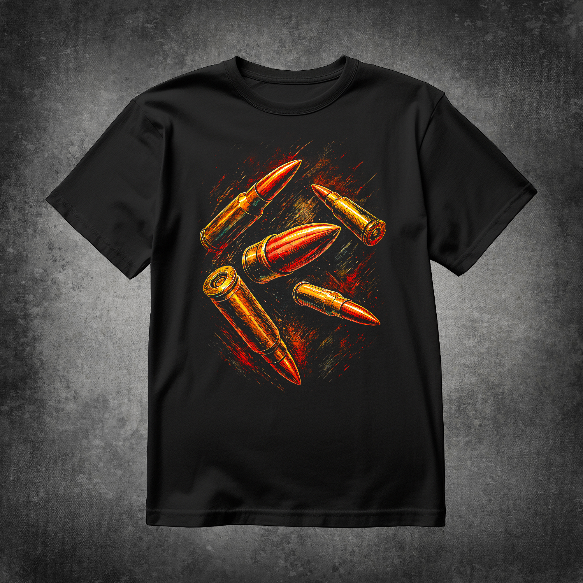WARKLAR Golden Bullets T-Shirt – schwarzes Shirt mit fünf goldenen Patronen und roten Geschossen in explosiver Motion-Grafik